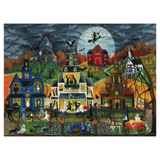 A colorful, jigsaw puzzle with a Halloween village scene with multiple haunted houses, a full moon, bats, a witch on a broomstick, ghosts, and small figures in the foreground.