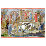 A completed jigsaw puzzle featuring a classical painting scene with many figures, boats, and an archway, bordered by a coral pink edge, shown against a plain white background.