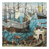 A completed jigsaw puzzle showing a historical naval battle scene with large sailing ships, blue waves, and figures on a dock, photographed straight-on against a white background.