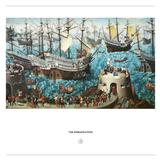 A historical art print depicting 'The Embarkation' with multiple sailing ships, a stone tower, and many small figures in red and black clothing navigating choppy blue waves, presented on a white background with the title 'THE EMBARKATION' below.