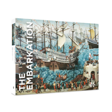 A boxed puzzle titled "THE EMBARKATION" shown at a slight angle on a white background. The front features a detailed historical maritime scene with large sailing ships, blue water, and small figures on shore, while the spine shows the vertical title text.