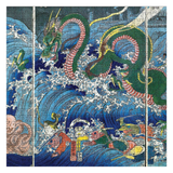 A completed jigsaw puzzle featuring a Japanese-style artwork of a green dragon swimming through deep blue waves with white foam, with smaller figures and figures in the water below.