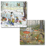 Two illustrated jigsaw puzzle images shown on a white background: one winter scene with animals in a snowy landscape, and one woodland scene with animals among trees, mushrooms, and grass.