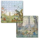Two completed children's puzzle books or puzzle covers shown on a white background, featuring whimsical illustrated scenes with animals and a bear in a blue outfit.