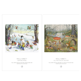 Two illustrated art prints side by side on a white background. The left print shows Molly Brett's 'Winter Games' scene with children playing in the snow, and the right print shows 'All the Fun of the Fair' with woodland animals gathered around a red table.