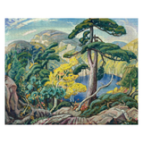 Landscape painting of a forest with trees and a lake