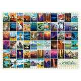 A completed jigsaw puzzle featuring a grid of colorful National Parks and Monuments of the United States illustrations, with the title 'National Parks of the United States' printed in the lower right corner.