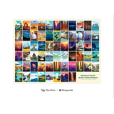A National Parks poster print featuring a 5x6 grid of colorful vintage-style illustrations of various United States national parks, with a cream border and title text at the bottom right. The print is centered on a white background with the brands 'Fifty-Nine-Parks' and 'Pomegranate' printed below.