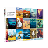A 1000-piece jigsaw puzzle box titled 'National Parks of the United States' showing a grid of colorful national park illustrations on the front and side panels, photographed on a clean white background.