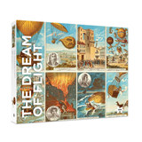 A boxed puzzle or game titled "THE DREAM OF FLIGHT" shown on a white background. The box features a collage of vintage-style illustrations with hot air balloons, buildings, coins, and historical scenes.