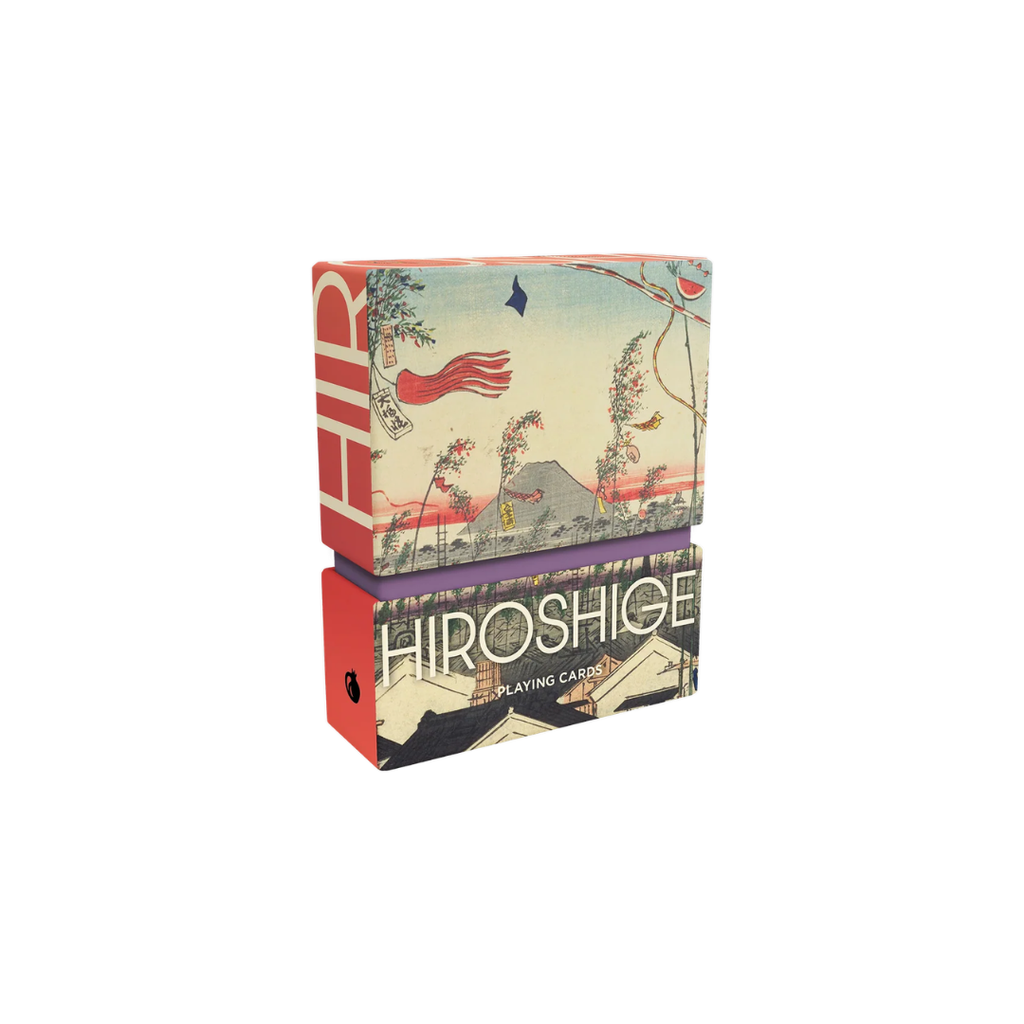 A box of playing cards titled HIROSHIGE, shown standing upright on a plain white background. The box features an illustrated Japanese-style scene with red, beige, black, and muted blue tones, plus large white title text on the front.