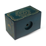 Decorative wooden box with intricate designs on a white background