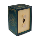 Decorative box with wooden puzzle piece and decorative design on a white background