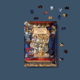 A book or box cover featuring an illustrated scene titled "Emperor's New Clothes," shown centered on a dark blue background with scattered jigsaw puzzle pieces around it.