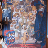 A completed jigsaw puzzle featuring a whimsical scene of many dogs dressed in historical clothing, arranged on a wooden surface. The puzzle shows dogs in blue coats, white shirts, and red accents, with one dog standing on a red carpet and holding a cane.