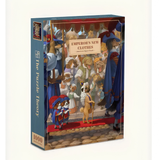 A 1000-piece jigsaw puzzle box titled 'Emperor's New Clothes' by The Puzzle Theory. The box features a colorful, whimsical illustration of dogs dressed in elaborate historical clothing, set against a plain off-white background.