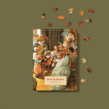 A completed jigsaw puzzle titled 'PUSS IN BOOTS' with a classical painting illustration, displayed on a solid olive green background with several loose puzzle pieces scattered around it.