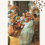 A completed vintage-style jigsaw puzzle showing a lively indoor scene with people gathered around a table, plus several loose puzzle pieces arranged at the top right on a white background.