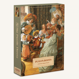 A 1000-piece jigsaw puzzle box titled 'Puss in Boots' by The Puzzle Factory, featuring a classic painting of the character in a detailed historical scene.