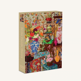 A 1000-piece jigsaw puzzle box titled 'Sacred Treasures' featuring a highly detailed, colorful illustration of an ornate interior scene with vases, flowers, and decorative objects, shown on a light cream background.