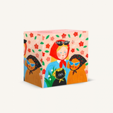 A square decorative puzzle box featuring an illustrated cover design with the title 'The Scarf Squares' visible near the top. The artwork shows stylized women wearing patterned scarves, a black cat with glasses, red flowers, green leaves, and a peach background.