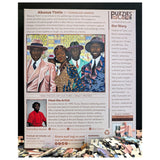 Puzzle packaging with artwork of four people and text about the artist and puzzle brand.