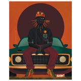 Artistic depiction of a person sitting on a car with a stylized background