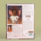 Back cover of a puzzle box featuring an illustration of a woman wearing a pink hat and white shirt with leaves, and text about the artist and brand.