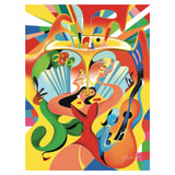 Colorful abstract artwork with musical elements on a white background