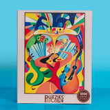 Colorful puzzle box with abstract design on a blue background