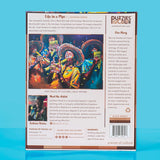 Back cover of a puzzle packaging with artwork and text on a blue background