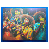 Colorful puzzle of musicians playing flutes with a blue border