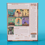 Back of a puzzle box with colorful illustrations and text on a blue background