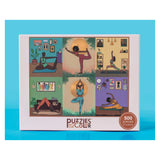 Puzzles of Color packaging with illustrations of people practicing yoga on a blue background