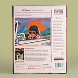 Back cover of a product packaging with artistic design and text on a green background
