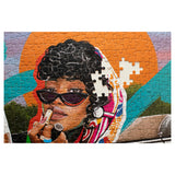 Jigsaw puzzle with a colorful design of a person with sunglasses and lipstick