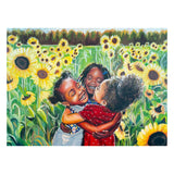 Three children hugging in a field of sunflowers