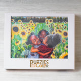Puzzles of Color packaging with children and sunflowers on a white background