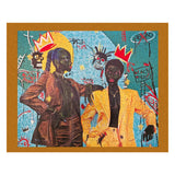 Artistic depiction of two figures with a colorful, abstract background