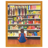 Jigsaw puzzle with a colorful depiction of a person sitting on the floor in front of shelves filled with products.