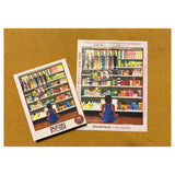 Two puzzle images with a colorful store scene on a brown background
