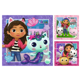 A children's jigsaw puzzle featuring a character and her mermaid cat, shown in a large front view with two smaller inset views showing additional puzzle pieces and scenes.