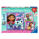Ravensburger gabby's Dollhouse 3x49 jigsaw puzzle box featuring Gabby and her mermaid cat, with colorful cartoon artwork and a pink puzzle piece graphic on a turquoise background.