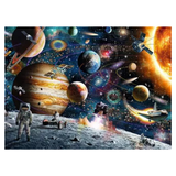 A colorful space-themed artwork showing planets, a bright sun, satellites, astronauts, rockets, and spacecraft across a starry outer-space scene.