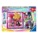 Ravensburger Trolls Band Together 3x49 jigsaw puzzle box, featuring colorful character artwork on a bright iridescent background.