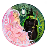 Round decorative plate featuring a fairy in a pink dress and a witch with a broomstick on a green and pink background.