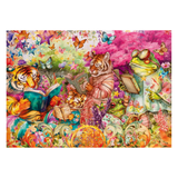 Colorful illustration of animals reading books in a garden setting