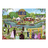 Illustration of a lively outdoor scene with people, boats, and a hot air balloon.