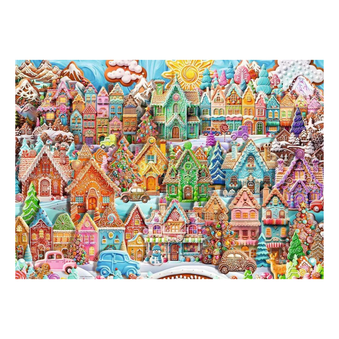 Colorful gingerbread village scene with houses and cars on a white background