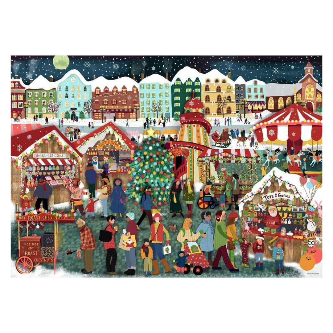 Illustration of a festive Christmas market scene with people and stalls.